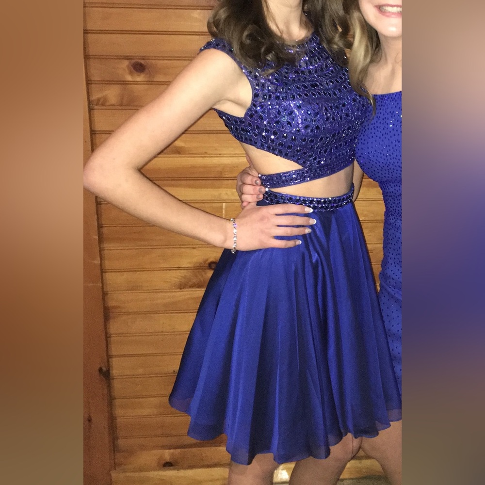 Women’s Sherri Hill Royal Blue Beaded Prom Dress 2-Piece Mini Skirt Set 00
